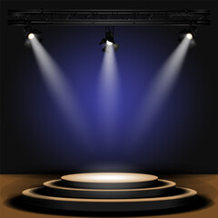 A ready-made stage for a performance, presentation or event. Three-tiered round stage, with spotlights on a truss structure. The lighting is bright and gradually dissipates. Vector illustration EPS10