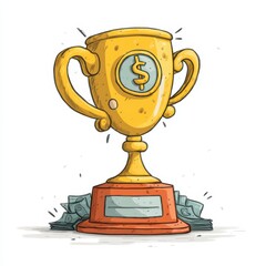Gold Trophy with Dollar Coin on Pile of Cash Cartoon Illustration