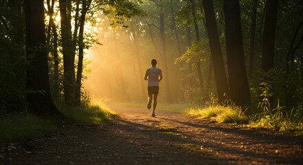 A man running on a path through a forest with the sun shining through the trees in the background