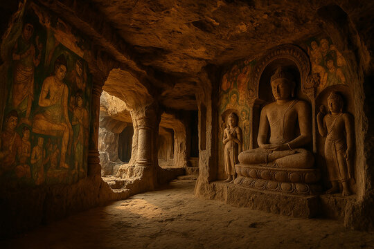 Ancient Indian cave temple with detailed stone carvings and vibrant frescoes, showcasing Buddhist art and heritage from the Ajanta and Ellora caves.