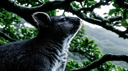 Majestic ring-tailed lemur perched high in a lush green rainforest canopy, gazing thoughtfully into the distance.  A stunning wildlife image.