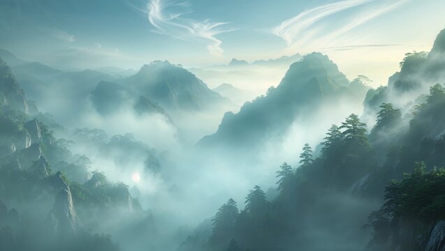 Misty mountain range at sunrise. Serene landscape with tranquil colors and lush greenery. Breathtaking view of nature's beauty.