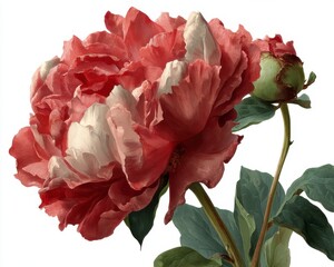 Detailed Botanical drawing of a Peony Bloom in Full Color