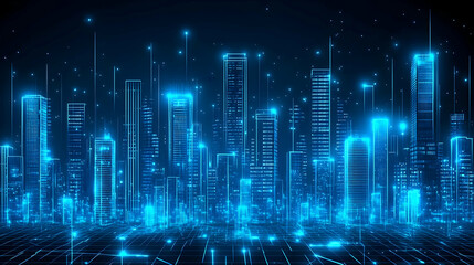 Fototapeta premium Digital Blue Cityscape with Glowing Light and High Rise Buildings At Night