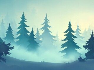 Obraz premium Serene forest landscape painting with misty atmosphere and towering pine trees creating a tranquil scene evoking a sense of peace and solitude in nature's embrace