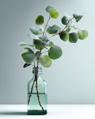 Eucalyptus Branch in Glass Bottle with Soft Green Background