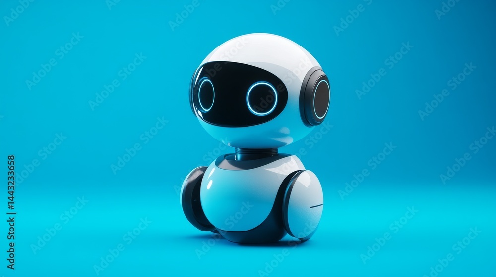 Poster ai helper: a smart, friendly robot on a blue tech background. it's like a chat buddy for talking onl