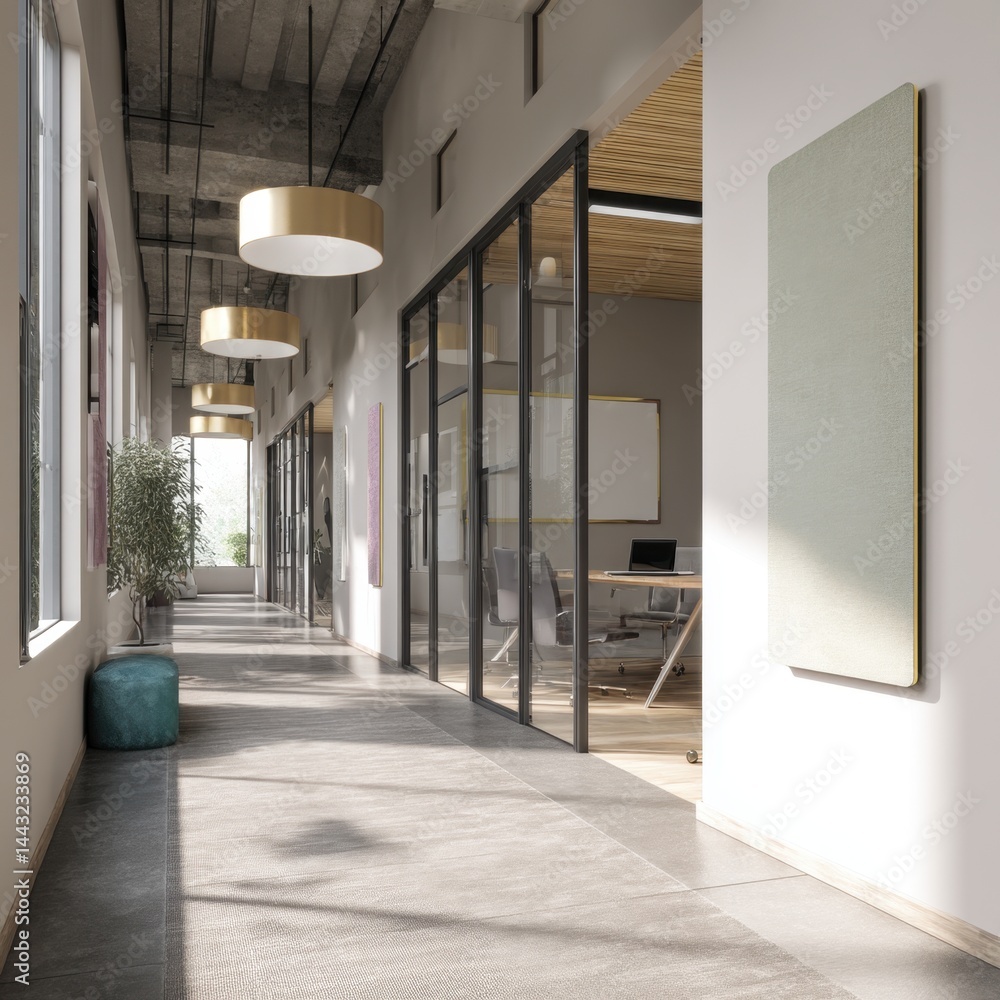 Poster modern office interior featuring acoustic panels and glass partitions creating a bright and open wor