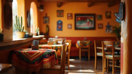 A cozy Mexican restaurant interior with warm lighting, evoking comfort and authentic charm.