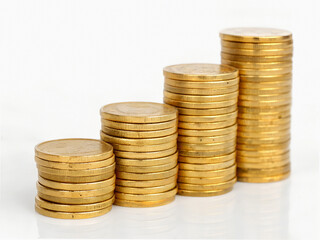 Magnification of stacks of gold coins on white background representing financial success.
