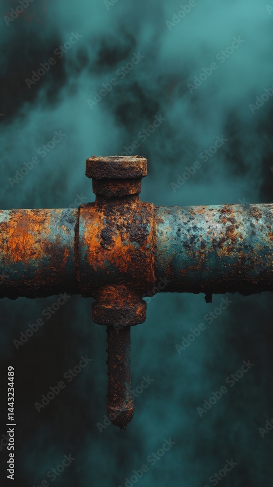 Poster industrial rust aesthetic featuring weathered pipe connection against a moody teal background evokin