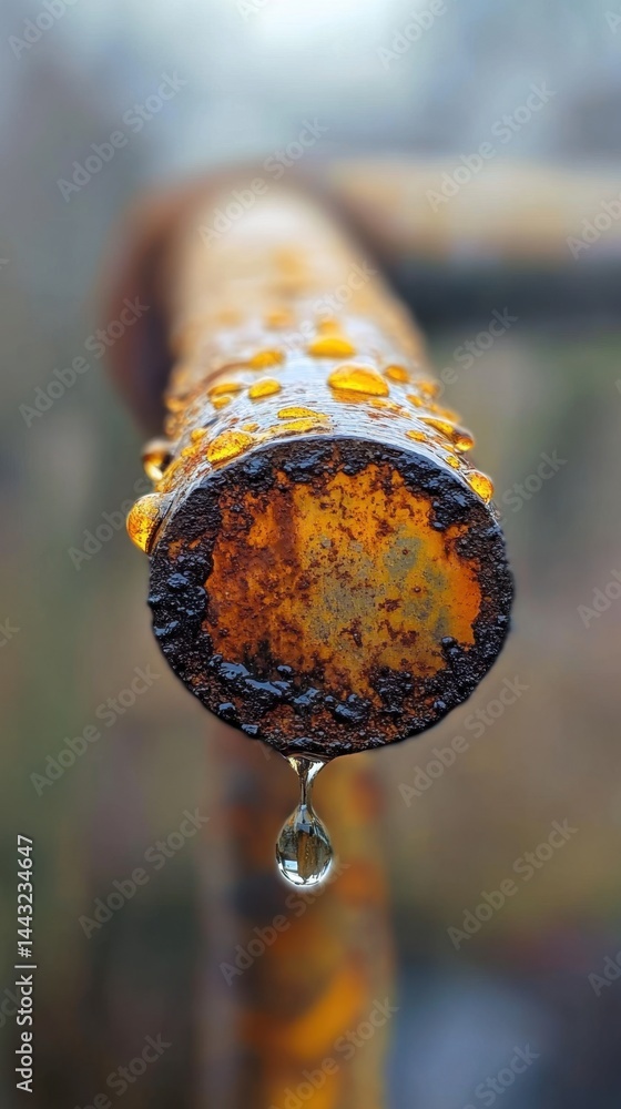 Aufkleber captivating close up of rusty metal pipe adorned with glistening water droplets reflecting the envir