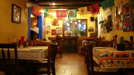 A cozy Mexican restaurant interior with warm lighting, evoking comfort and authentic charm.