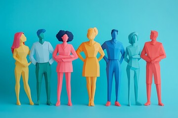Playful Paper People Teamwork Unity Blue Background