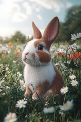 A cute brown and white rabbit sitting among wildflowers in a sunny meadow.