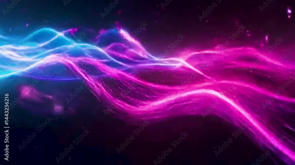 Poster A vibrant display of flowing neon waves in blue and pink, set against a dark cosmic background. The composition emphasizes dynamic movement with a smooth, undulating rhythm. 