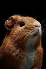 Close-up of a brown guinea pig with bright eyes, highlighted against a dark background.