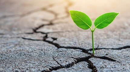 Green sprout emerging from cracked earth. World Environment Day ESG