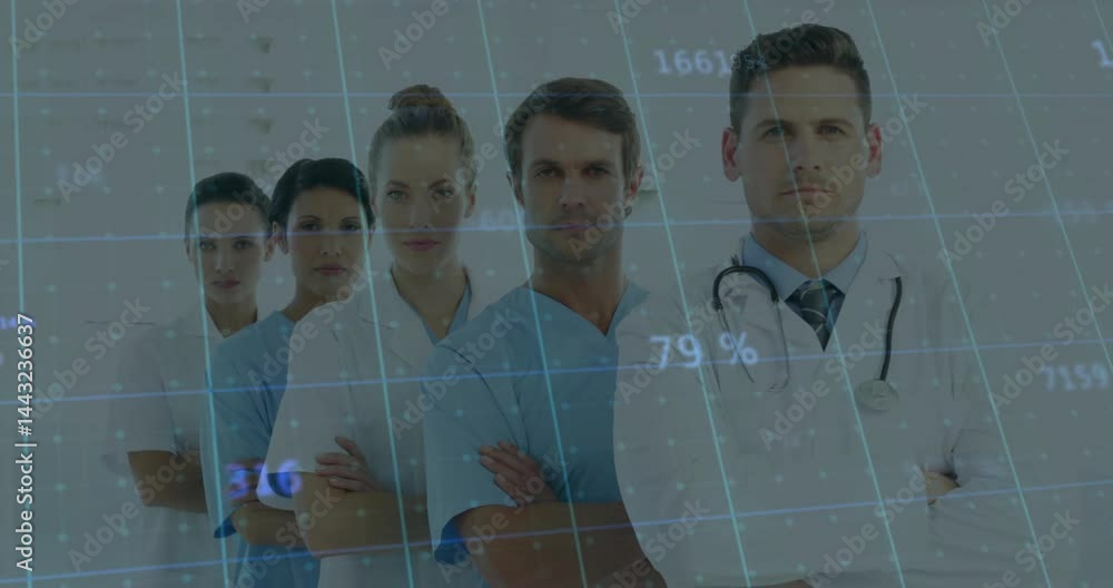 Poster medical team in scrubs and stethoscope, standing in corridor displaying overlay with data points