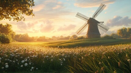 Fototapeta premium Serene Sunset at the Windmill: A picturesque landscape of a traditional windmill in a blooming field during a captivating sunset.