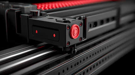 A close-up of a modern, high-precision industrial machine or 3D printer head with red and black components.