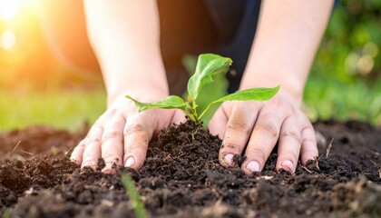Nurturing New Life: A close-up shot showcases hands carefully tending to a young seedling, emphasizing the cycle of growth and the nurturing touch of care.
