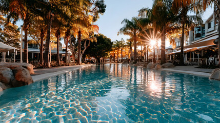 Fototapeta premium Serene resort pool at sunset, palm trees lining a tranquil waterway, reflecting sunlight. Luxury tropical vacation destination.