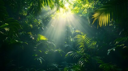 Lush tropical rainforest with sun rays filtering through the foliage