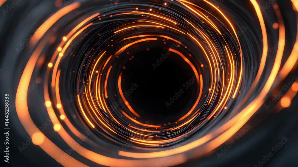 Poster exploring the depths of a swirling vortex filled with luminous orange particles and intricate patter