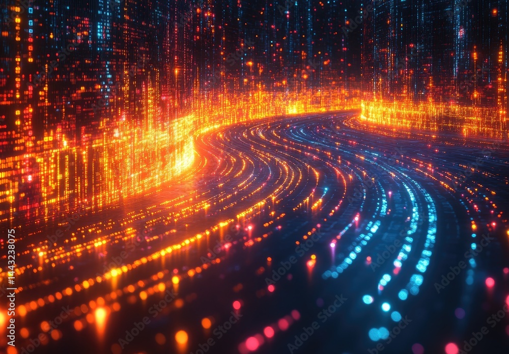 Poster digital cityscape with vibrant glowing lines and structures.