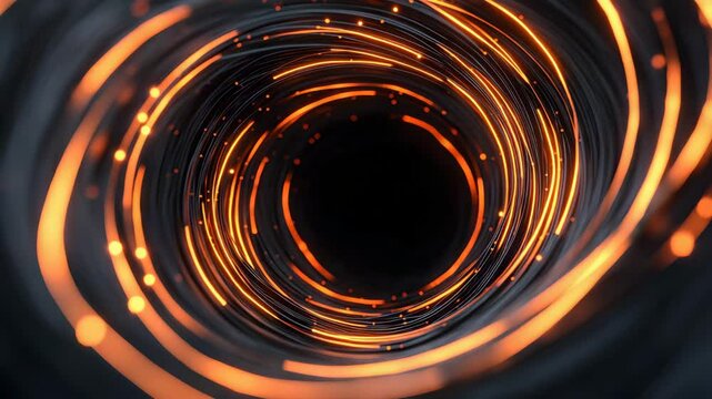 Exploring the depths of a swirling vortex filled with luminous orange particles and intricate patterns