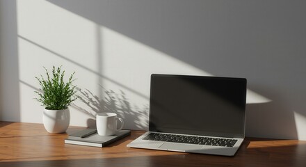 Fototapeta premium Laptop plant and mug on a desk