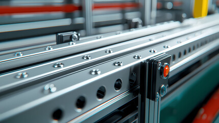 A close-up of a metallic industrial rail system, featuring bolts, screws, and a linear motion mechanism.