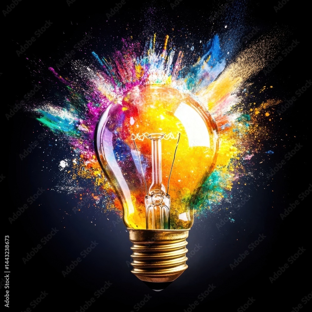 Poster creative lightbulb with vibrant colorful explosion on dark background symbolizing innovation and ima