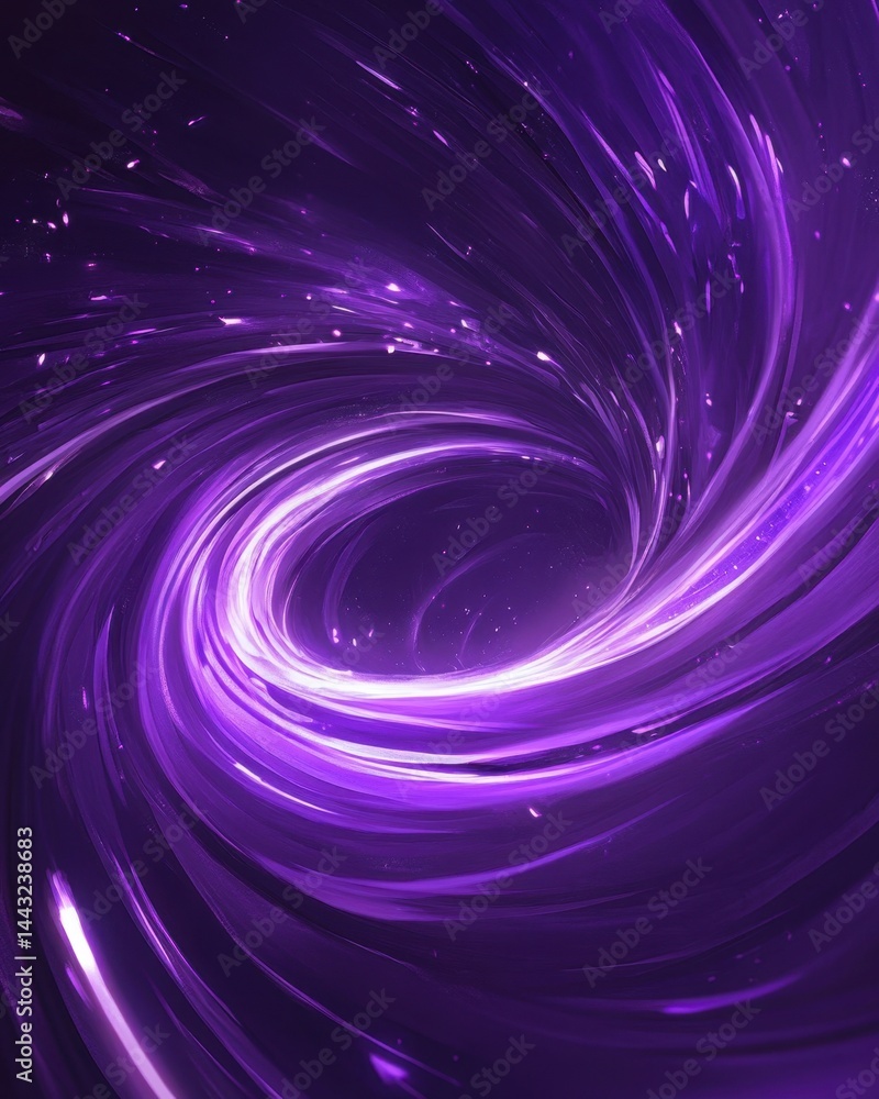 Poster ethereal purple vortex with radiant light streaks swirling into a dark abyss creating a sense of dep