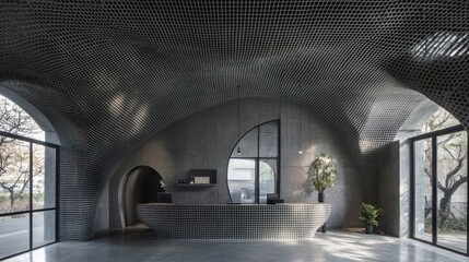Modern Reception Area, Curved Walls, Metal Ceiling, Office Lobby, Interior Design
