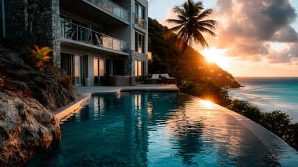 Fototapeta premium Luxurious infinity pool overlooking ocean sunset at a cliffside villa. Tropical paradise escape, ultimate relaxation.