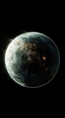 A stunning view of a distant planet illuminated by its glowing surface, showcasing a mix of dark and bright features.