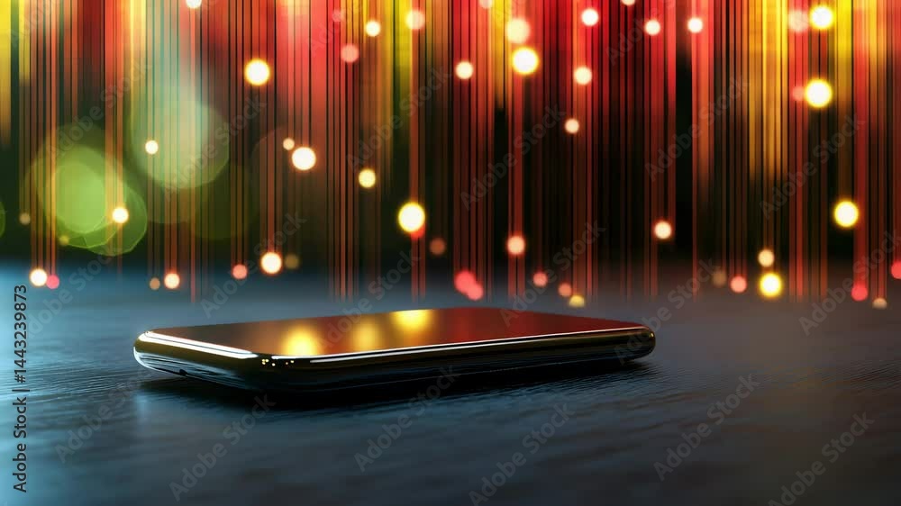 Poster visual representation of a smartphone with dynamic background lights during nighttime