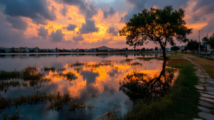 Serene sunset over a tranquil lake, reflecting vibrant colors in the still water.  A solitary tree stands silhouetted against the fiery sky.