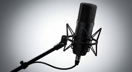 Professional Black Studio Microphone with Metal Stand Against Gradated Gray Background