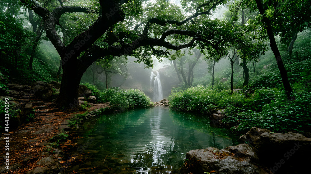 Poster serene waterfall cascading into a tranquil pool nestled within a lush, misty forest. ancient trees f
