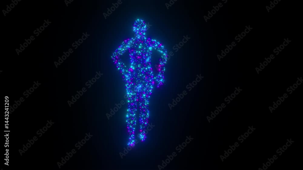 Poster particle man dancing. computer generated 3d render