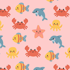 Seamless pattern with cute cartoon sea animals on pink background – crab, fish, starfish, octopus and dolphin. Flat vector marine design for kids and ocean themes.