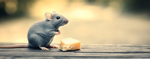 A charming grey mouse gazes at a tempting piece of cheese