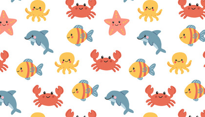 Seamless pattern with cute cartoon sea animals – crab, fish, dolphin, octopus and starfish. Flat vector marine design for kids, baby products and ocean themes.