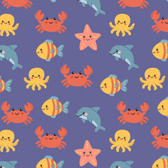 Seamless pattern with cute cartoon sea animals on purple background – crab, fish, starfish, octopus and dolphin. Flat marine vector for kids and ocean themes.