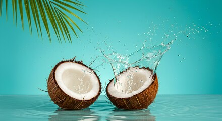 Fresh Coconut with Water Splash on Aqua Background
