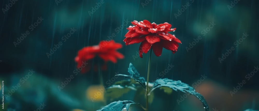 Poster captivating close up of a vibrant red dahlia flower adorned with raindrops in a gentle rain shower a