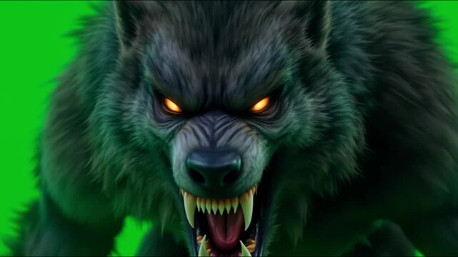 A werewolf moves and scans its surroundings with intense aggression, set against a green screen background for seamless video integration.